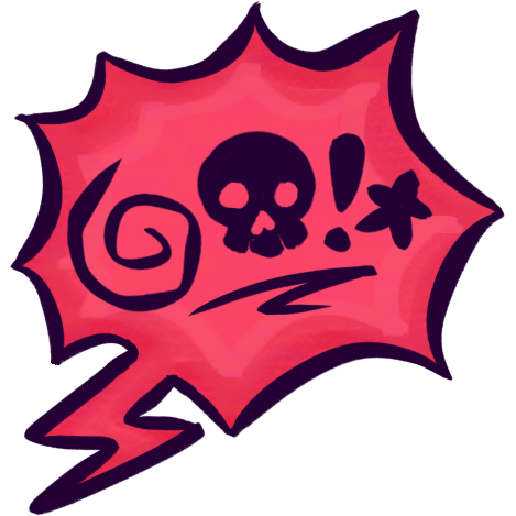 A red, spiky speech balloon with a series of underlined symbols, or grawlixes, inside. The symbols are a spiral, a pictogram of a human skull, an exclamation point, and a five-pointed star. 